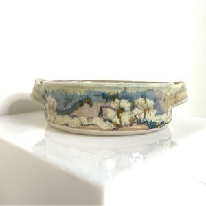 Artisan | Signed Earthenware Celadon Ceramic Casserole Iron Brushstroke Flowers